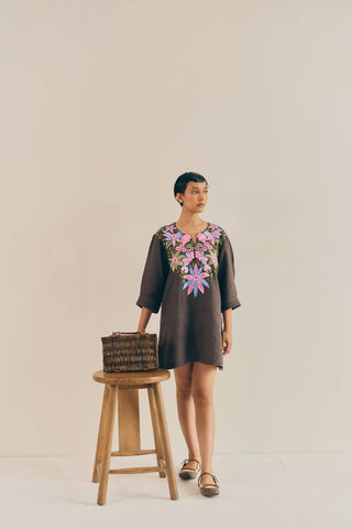 LINEN DREAM PALM DRESS IN GREY LINEN